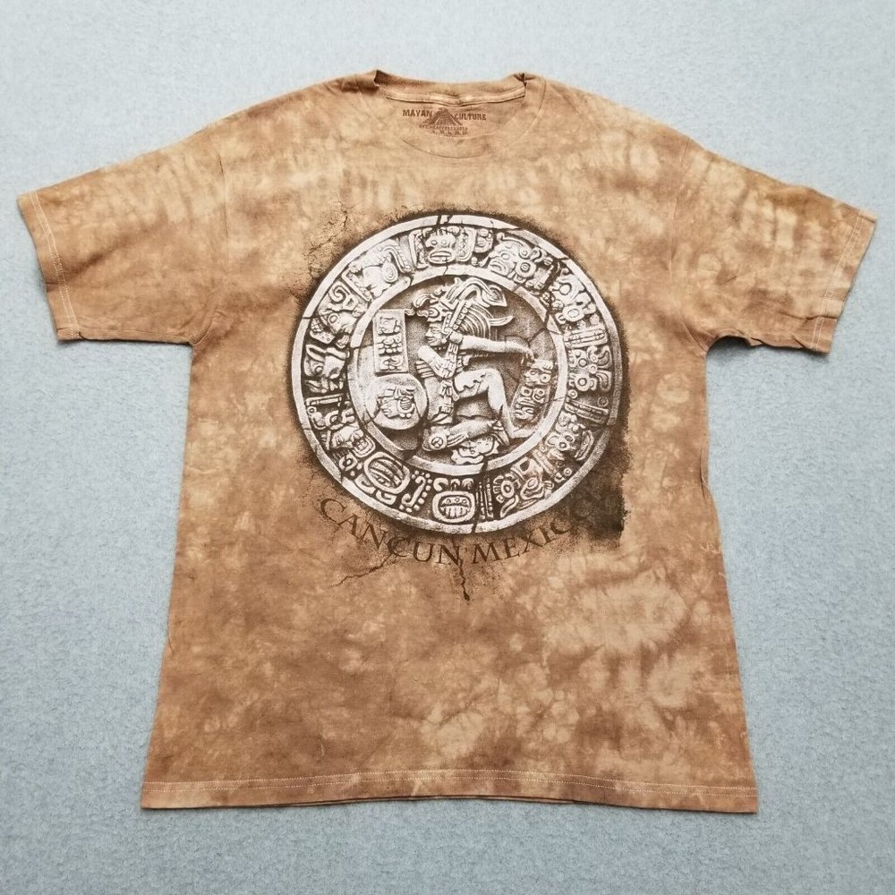 Mayan Culture Shirt Mens Large Brown Tie Dye Short Sleeve Crew Neck Cancun